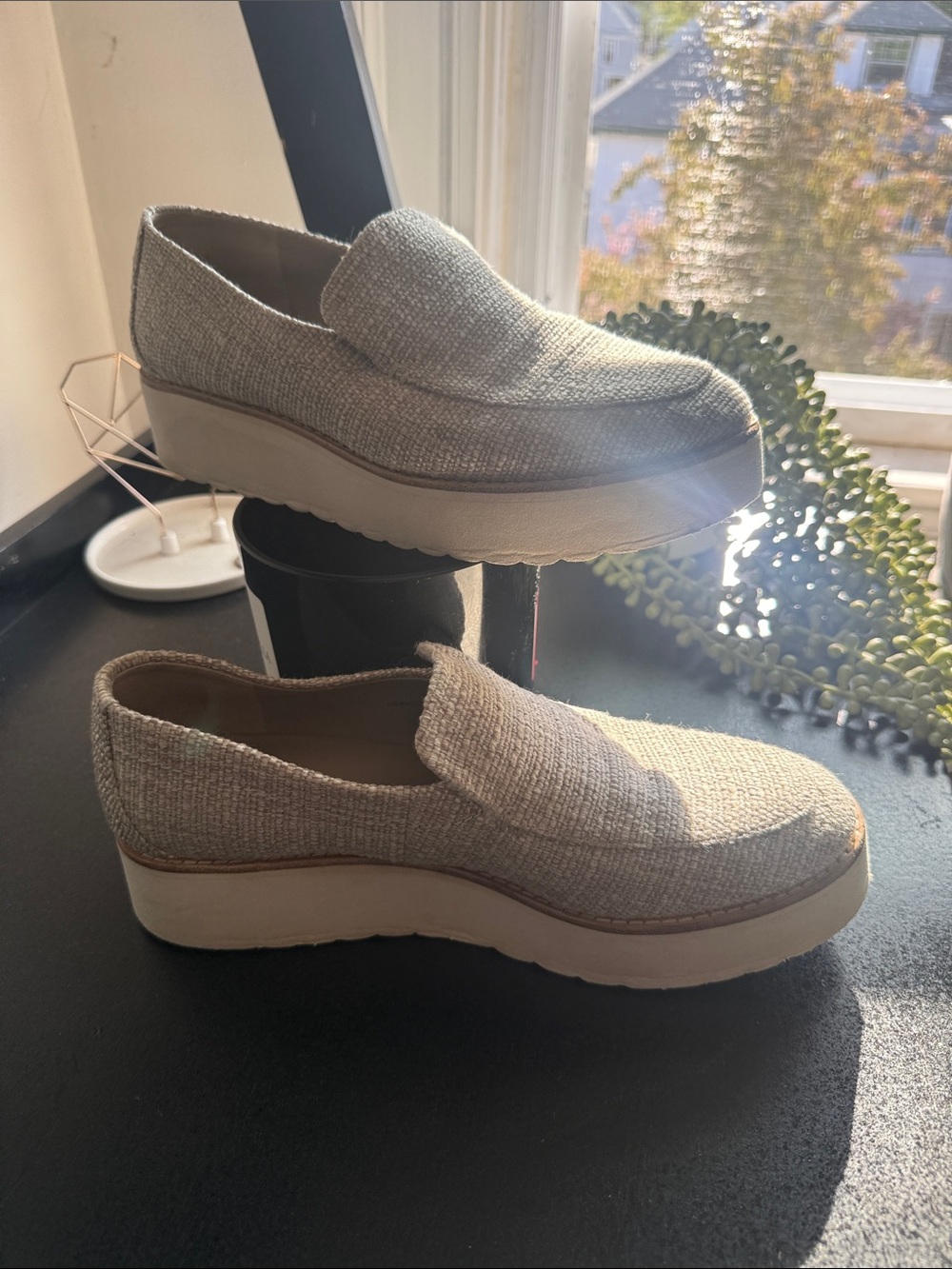 Vince. Zeta Raffia Beige Wedge Loafers